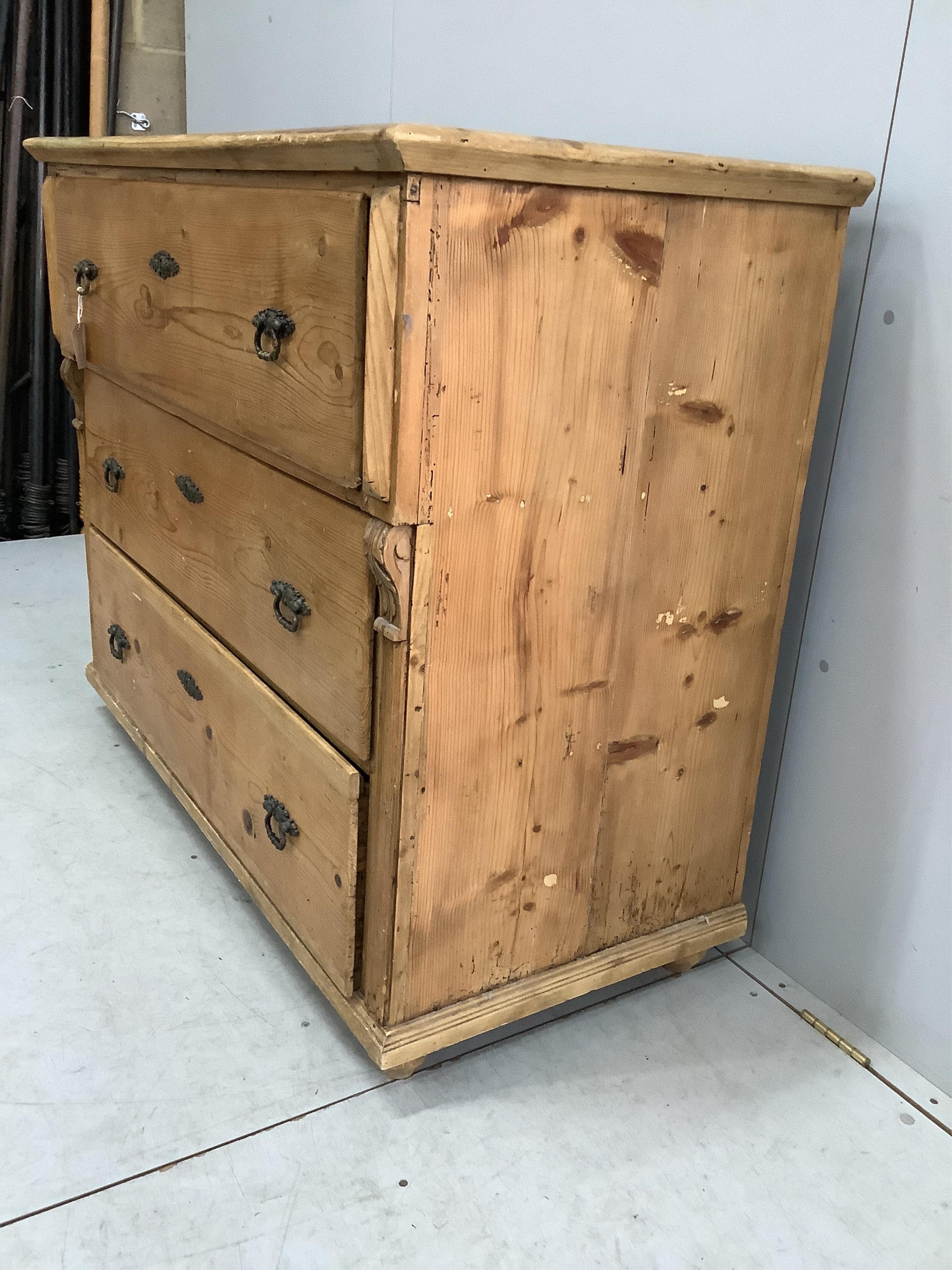 A 19th century Continental pine three drawer chest, width 126cm, depth 59cm, height 104cm. Condition - fair